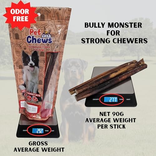 12" Monster Bully Sticks (3-Pack, 90g Each) Ultra Thick | 100% Natural Grass-Fed Beef Dog Chews, Odor-Free | Long Lasting Treats for Large Dogs & Extreme Aggressive Chewers | High Protein