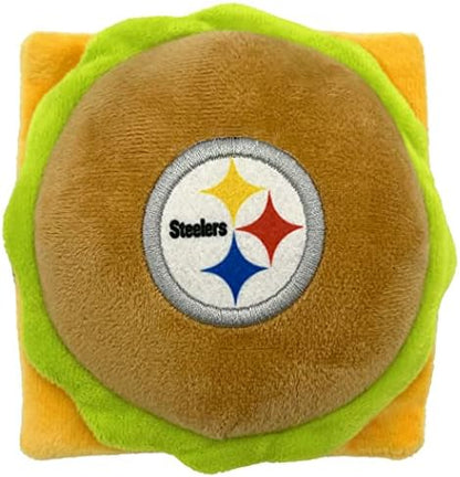 Pets First NFL Pittsburgh Steelers Stadium Cheese Burger Plush Dog & Cat Squeak Toy with Beautiful Team Name & Logo (Pack of 2)