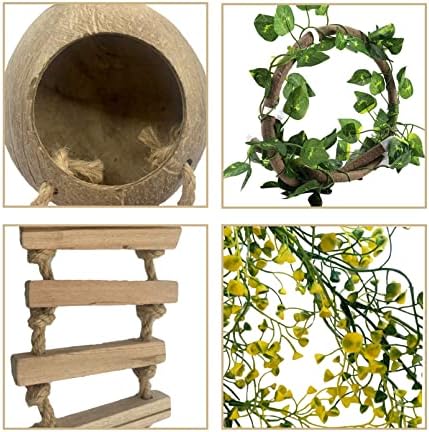 Crested Gecko Coconut Hut with Ladder,Natural Bearded Dragon Coco Den Reptile Shell Hideout Husk Hut Climbing Plants Leaves Tank Accessories for Lizard Chameleon Snakes