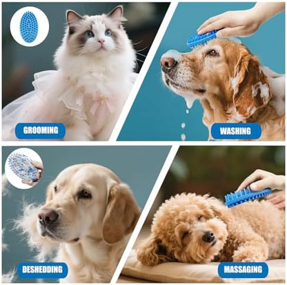 Dog Grooming Brush, Lilpep Pet Shampoo Bath Brush Soothing Massage Rubber Comb with Adjustable Ring Handle for Long Short Haired Dogs and Cats (2 pale blue, 2 sided brush)