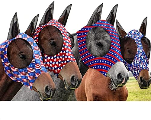 Frienda 4 Pcs 4th of July Horse Fly Mask with Ears 250th Anniversary Horse Face Covering Elasticity Smooth Comfortable Mask with UV Protection for Patriotic Independence Day(Large)