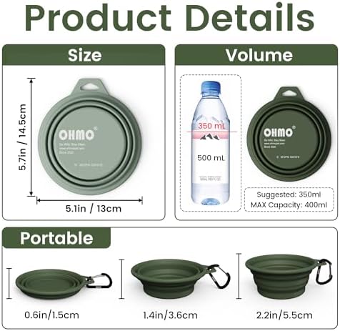 OHMO Small Collapsible Dog Bowls, Steel Rim, 12oz, 2pcs, Camo&Sage Green