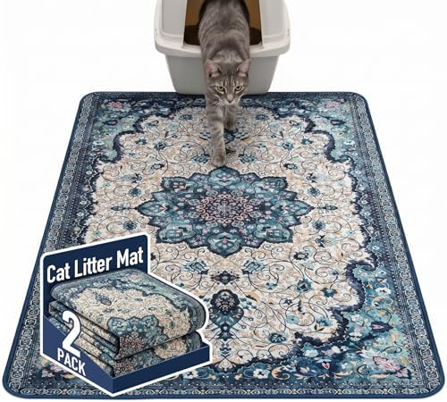 Hompet Cat Litter Mat 2 Pack, 48x60 Large Machine Washable Trapping Mats for Cats, Super Absorbent & Urine-Proof Cat Litter Box Mat for Floor, Waterproof & Non Slip Kitty Litter Rug