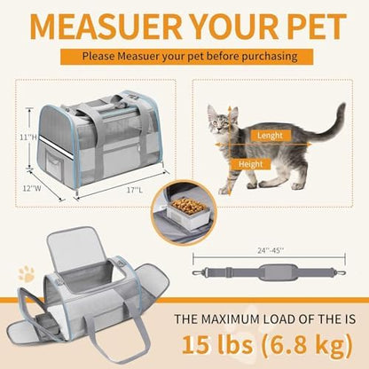 17" Soft Cat Carrier with Shoulder Strap for Travell, Light Grey