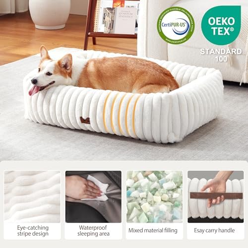 Dog Bed Medium Size Dog, Rectangle Orthopedic Pet Bed for Car and Indoor, Comfort Fluffy Memory Foam Dog Beds with Anti-Slip Bottom, Cream (30x24x8 inches)