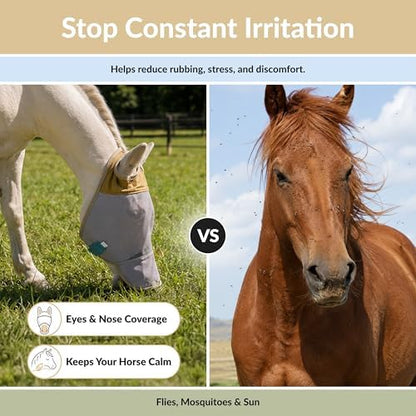 TSZ Horse Fly Mask with Nose Cover - UV Block 70% Breathable Mesh Flymask