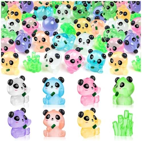 18PCS Luminous Mini Resin Panda Figurines with 2 Bamboos for Dollhouse