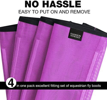 Harrison Howard Loose Fitting Fly Boots UV-Protective Extra Tough Mesh Ventilated Four Fasteners Stay-on Design Protect Horse Legs & Stomp-Reducing Set of 4 Purple Medium