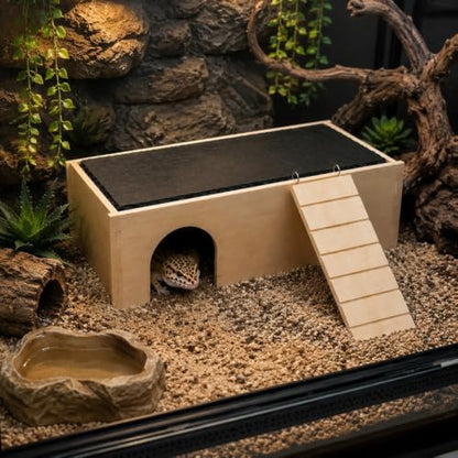 2-in-1 Reptile Basking Platform with Slate Rock Surface and Removable Climbing Ladder, Bearded Dragon Hideout Cave and Sunbathing Ledge for Leopard Geckos, Lizards, Small Snakes, Tortoises
