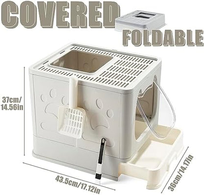 Gefryco Litter Box with Lid for Small to Medium Cats, Enclosed Cat Litter Box with Cover，High Sided Top Entry Cat Box with Brush and Scoop, Cute Kitty Litter Pan with Drawer for Growing Kittens(Grey)