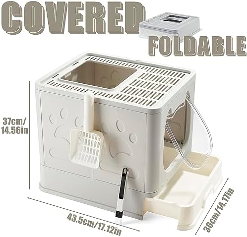 Gefryco Litter Box with Lid for Small to Medium Cats, Enclosed Cat Litter Box with Cover，High Sided Top Entry Cat Box with Brush and Scoop, Cute Kitty Litter Pan with Drawer for Growing Kittens(Grey)