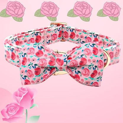 Dog Collar Pink Flowers Print Girl Cute Puppy Collar with Bow Adjustable Metal Buckle Collar Gift Collars for Large Dogs