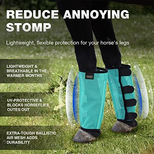 Harrison Howard Loose Fitting Fly Boots UV-Protective Extra Tough Mesh Ventilated Four Fasteners Stay-on Design Protect Horse Legs & Stomp-Reducing Set of 4 Mint Yearling