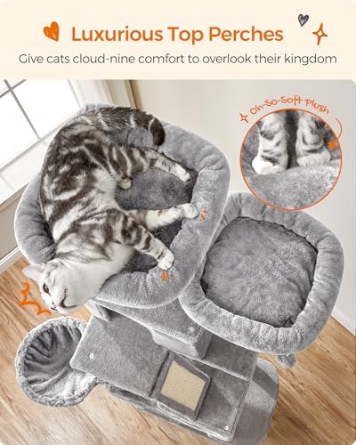 Feandrea Cat Tree, 81.1-Inch Large Cat Tower, Multi-Level Condo, Light Gray