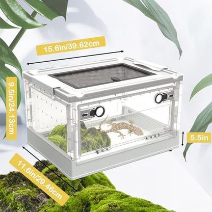 PINVNBY Plastic Reptile Feeding Box with Wheels,Reptiles Breeding Enclosure Cages Transparent Amphibians Habitat Terrarium Tank Portable Transport Container for Lizard,Bearded Dragon(White)