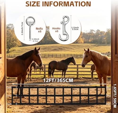 Horse Stall Guards with Adjustable Straps, High Tenacity Nylon Barn Door Guards with Screw Eyes and Open-End Snaps for Barn Ventilation & Safety, 20''H x 12'L, Black