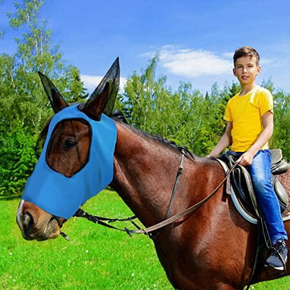 Weewooday 2 Pcs Horse Fly Mask with Ears, Soft Stretchy Horses Face Masks for Flies, Breathable Mesh Eye Cover, UV Protection Horse Masks for Pasture, Barn, Turnout(L,Purple, Blue)