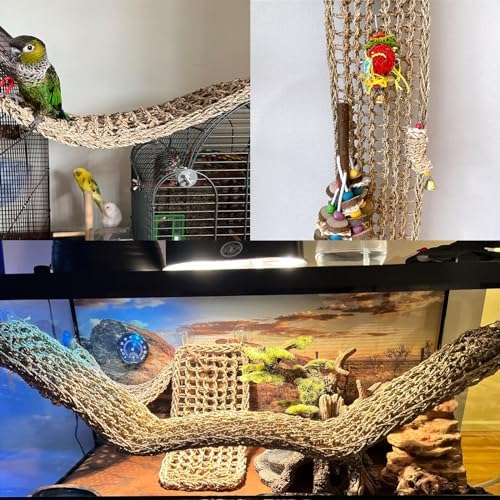 Bird Seagrass Mat 39.4×7" Long Natural Macaw Woven Net Hammock Hanging on Parrot Cage with Hooks Climbing Ladder Swing Chew Toys for Cockatoo Large Parrot Supplies