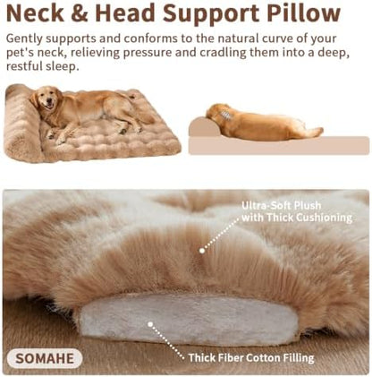 SOMAHE Plush Dog Bed Mat, Raised Pillow, 35 x 27 Inch, Coffee