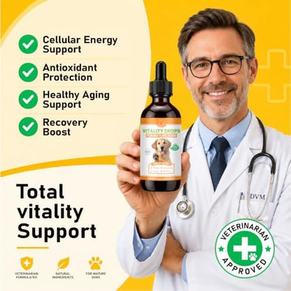 Mature Dog Vitality Drops with NMN,NAD+ & CoQ10-Longevity Supplement,Healthy Aging,Cellular Energy & Antioxidant Support -60ml（2 FL OZ）