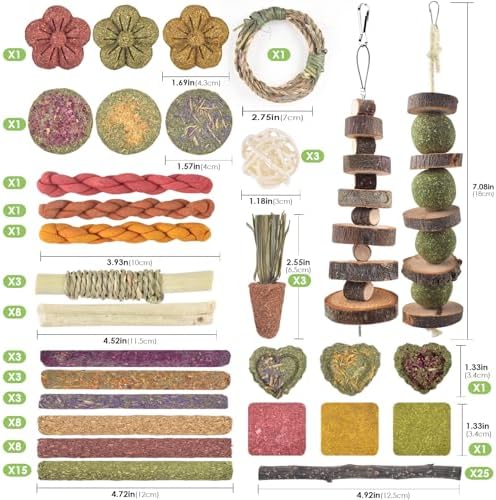 ERKOON 100PCS Rabbit Chew Toys, Natural Timothy Grass Cakes Guinea Pig Toys, Small Animal Teeth Grinding Treats for Bunny Hamster Chinchilla, Safe Dental Care Snacks