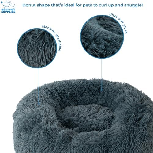 Best Pet Supplies Round Calming Dog Bed for Small, Medium & Large Dogs, Plush Donut Cuddler Pet Bed w/Raised Rim for Head, Neck Support, Anti-Slip Bottom Washable Bed - Gray, 24 x 24 x 7