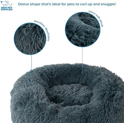 Best Pet Supplies Round Calming Dog Bed for Small, Medium & Large Dogs, Plush Donut Cuddler Pet Bed w/Raised Rim for Head, Neck Support, Anti-Slip Bottom Washable Bed - Gray, 24 x 24 x 7