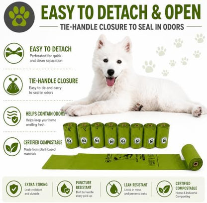 Certified Compostable Handle-Tie Dog Waste Bags (240 Bags), 16 Refill Rolls, Plant-Based Cornstarch, ASTM D6400 & EN 13432, TÜV OK Compost HOME Certified