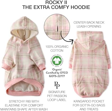 Pet Passion Rocky II Dog Hoodie, Pink Chesterfield Plaid, X-Small