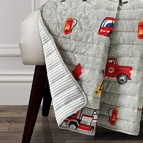 Lush Decor Fire Truck Throw Blanket, Red & Gray, 50" W x 60" L - Toddler Blanket - Reversible Stripe Print Quilted Throw for Kids Room