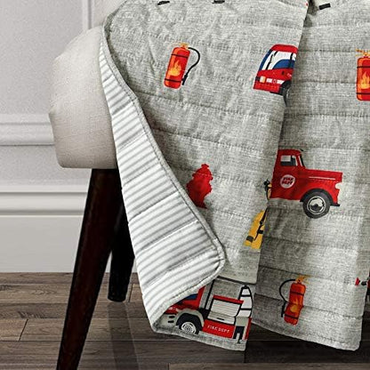 Lush Decor Fire Truck Throw Blanket, Red & Gray, 50" W x 60" L - Toddler Blanket - Reversible Stripe Print Quilted Throw for Kids Room