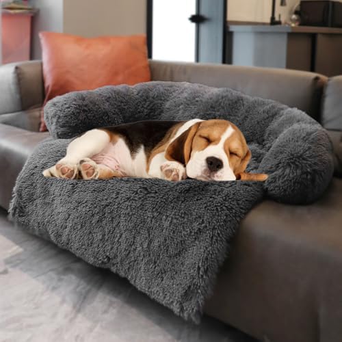 Calming Dogs/Cats Bed Mats, Dog Pad Washable Removable Couch Cover, Plush Long Fur Mat for Pets, Waterproof, Perfect for Small, Medium and Large Dogs and Cats (Dark Gray, 36"x31"x 5.0")