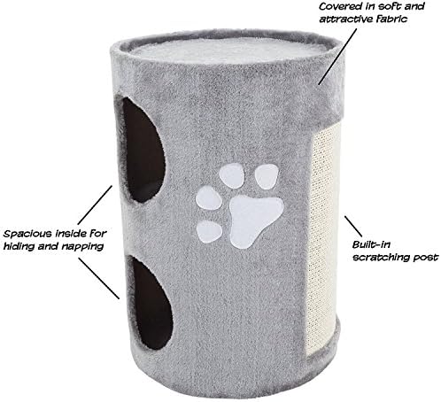 20.5-Inch Cat Condo - 2 Story Cat House with Sisal Scratch Pad, Barrel Shaped Pet House Covered in Soft Fabric by PETMAKER (Gray)