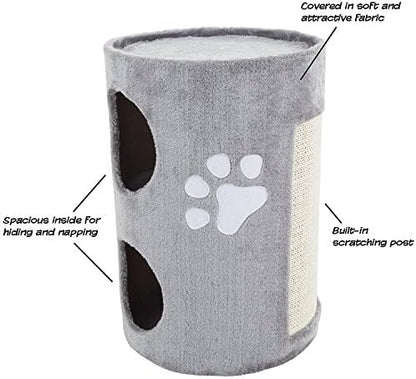 20.5-Inch Cat Condo - 2 Story Cat House with Sisal Scratch Pad, Barrel Shaped Pet House Covered in Soft Fabric by PETMAKER (Gray)