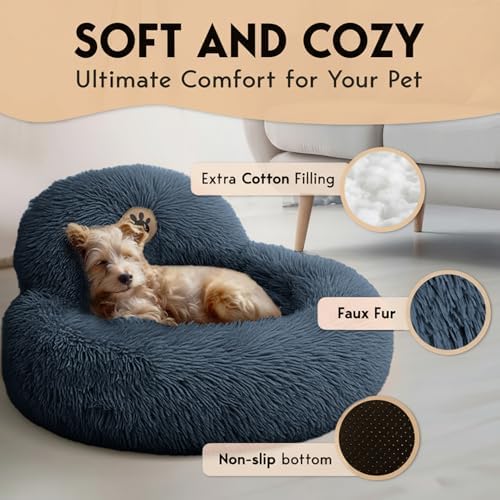 PetJett Small Dog Bed - 23'' Round Dog Beds, Calming Puppy Bed - Washable Dog Bed - Anti-Slip, Super Soft Fluffy Plush Faux Fur Pet Bed, Anti-Anxiety Premium Comfort Donut Bed, Fits Dogs Upto 25 lbs