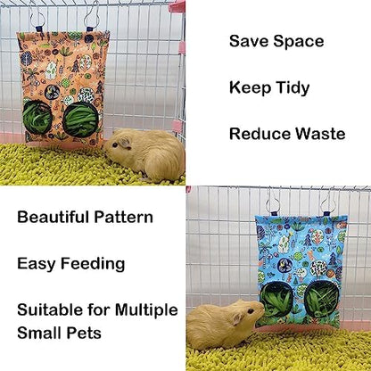 Rabbit Hay Feeder Bag, Guinea Pig Hay Feeder for Cage Small Animal Hanging Feeding Bags Rabbit Hay Dispenser Storage for Rabbits Guinea Pigs Bunnies Chinchillas (Orange,Light Blue, 2 Hole)