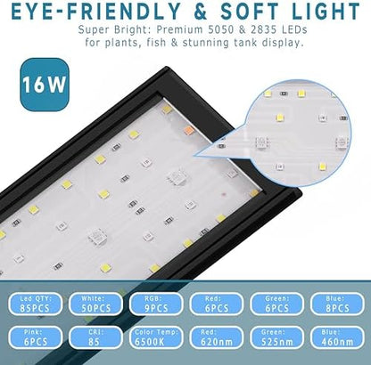 24/7 Mode LED Aquarium Light for 18-24 Inch Plant & Fish Tank, IP68 Full Spectrum Light, Sunrise-Daylight-Moonlight, White Red Green Blue Pink LEDs with Extendable Brackets for Freshwater