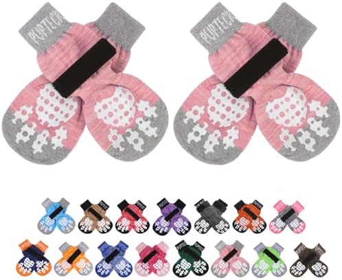 PUPTECK Anti-Slip Dog Socks with Double Sides Grips for Small Medium Large Dogs Hardwood Floors Prevents Licking, Dog Shoes for Hot Pavement Traction Control Paw Protector for Senior Dogs, Pink XXS