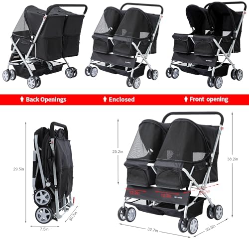 Double Pet Stroller for 2 Small Dogs & Cats, Side-by-Side Twin Travel Carriage with Safety Leashes, Mesh Windows & Double Storage Baskets, Lightweight & Foldable, 44lbs Capacity, Black