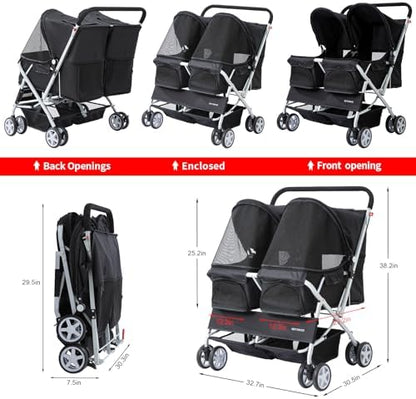 Double Pet Stroller for 2 Small Dogs & Cats, Side-by-Side Twin Travel Carriage with Safety Leashes, Mesh Windows & Double Storage Baskets, Lightweight & Foldable, 44lbs Capacity, Black