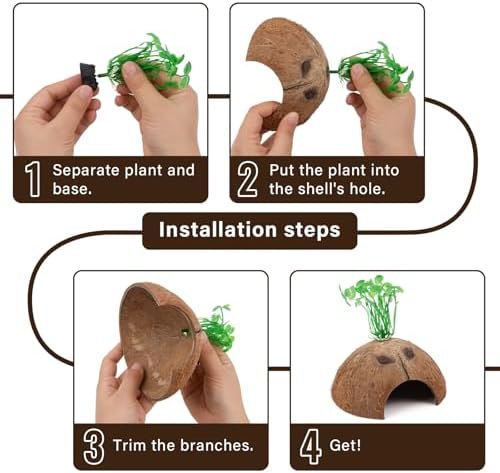SINKOO 19PCS Hermit Crab Habitat Kit | Natural Coconut Shell Hut & Assorted Seashells with Plants | Climbing Hideout & Decor for Hermit Crabs | Home Aquarium Tank Accessories