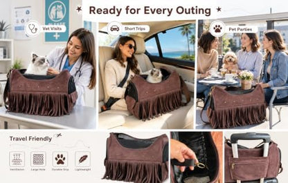 Vintage Pet Carrier Purse for Small Dogs and Cats, Cat Carrier Bag with Upgraded Zipper and Adjustable Shoulder Strap, Breathable Puppy Carrier Handbag for Travel, Walking, Daily Outings (Brown)