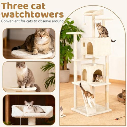 BestOffice 81 Inch Cat Tree, Multi-Level Cat Tower with Condo, Perches, Sisal Scratching Posts, Climbing Ladder,Indoor Activity Center Play House for Kittens & Adult Cats, Beige