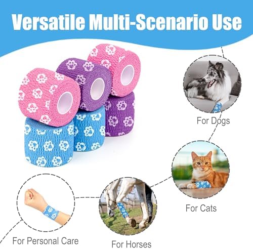 Vet Wrap Cohesive Bandages, Self-Adhesive Bandage Wrap, Breathable Non-Woven Self Adherent Tape for Pet Dog Leg Paw Wound, Horse, Cat, First Aid & Ankle Sprain, 2 Inch (6 Rolls)