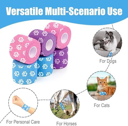 Vet Wrap Cohesive Bandages, Self-Adhesive Bandage Wrap, Breathable Non-Woven Self Adherent Tape for Pet Dog Leg Paw Wound, Horse, Cat, First Aid & Ankle Sprain, 2 Inch (6 Rolls)