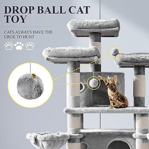Allewie 68 Inches Cat Tree/House and Towers for Big Feline/Scratching Post/Multi-Level Large Kitty Climbing Tree with Condo/Light Grey