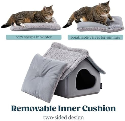 Pelzin Cat Houses for Indoor Cats - Large Cat Cave Bed with Removable Support Foam and Washable 2-Side Mat - Covered Cat Bed for Cat Hideaway - Enclosed Cat Hideout for Kitten and Small Pet, Grey