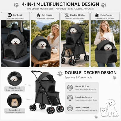 YYW Double Pet Stroller Foldable 2 Carriages Lockable Wheels Black