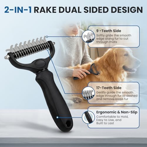 Pet Grooming Rake for Dogs and Cats - Double-Sided Deshedding Dematting Tool, 4-in-1 Undercoat Rake & Metal Comb for Long and Short Haired Pets, Reduces Shedding by 95%, 4Pack