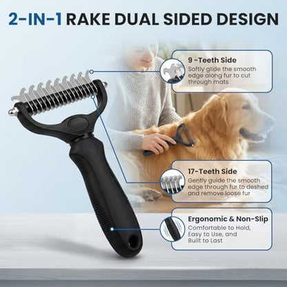 Pet Grooming Rake for Dogs and Cats - Double-Sided Deshedding Dematting Tool, 4-in-1 Undercoat Rake & Metal Comb for Long and Short Haired Pets, Reduces Shedding by 95%, 4Pack